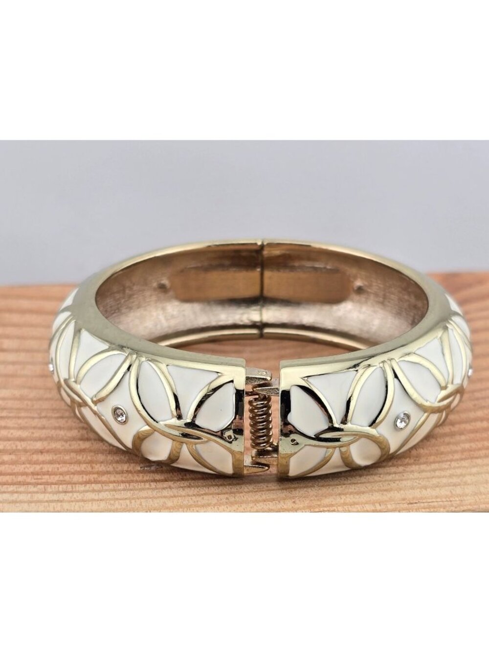 Sequin Gold and White Hinged Bangle Bracelet  6.75" - Picture 2 of 6